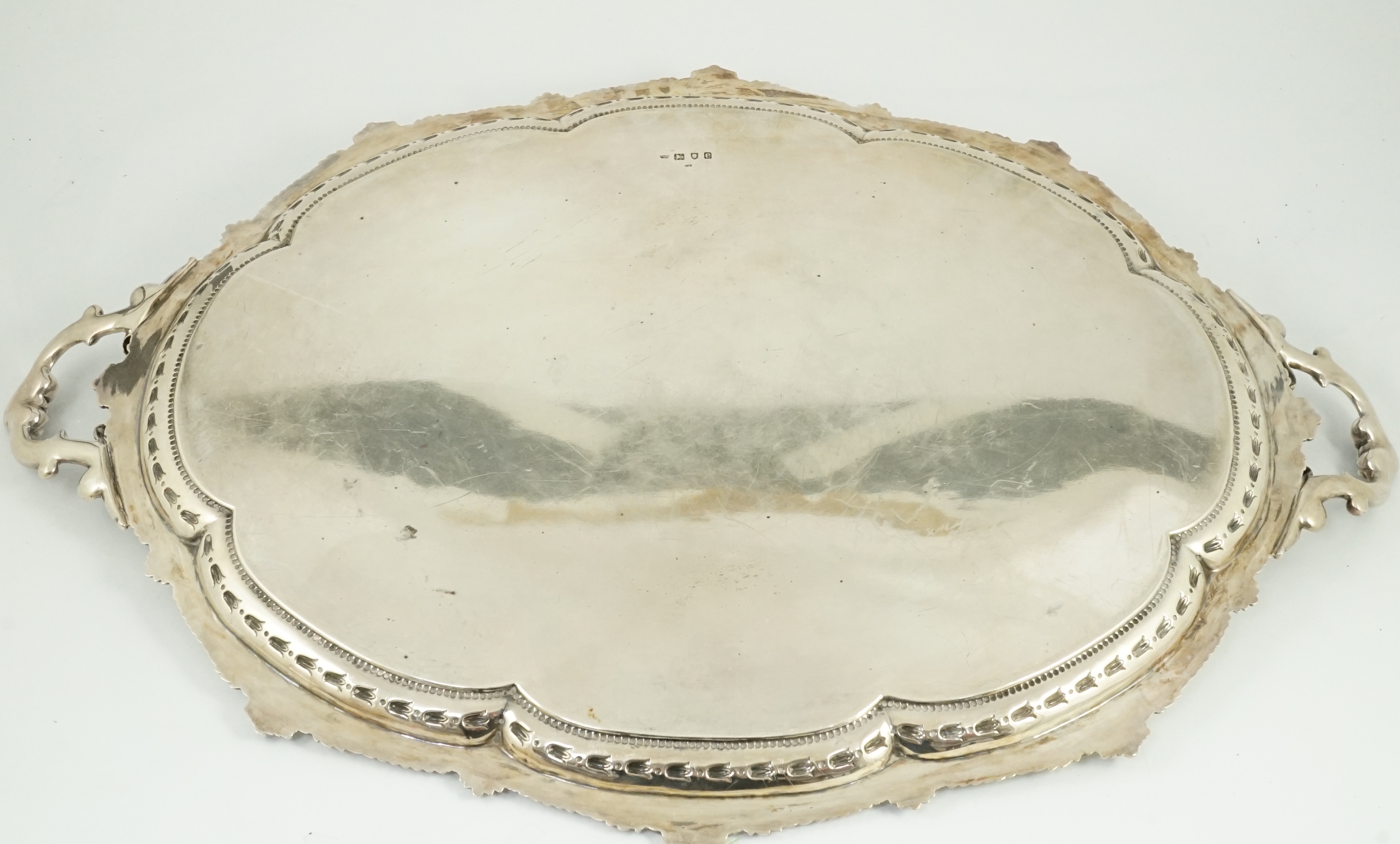 A large Victorian silver oval two handled tea tray, by Hawksworth, Eyre & Co